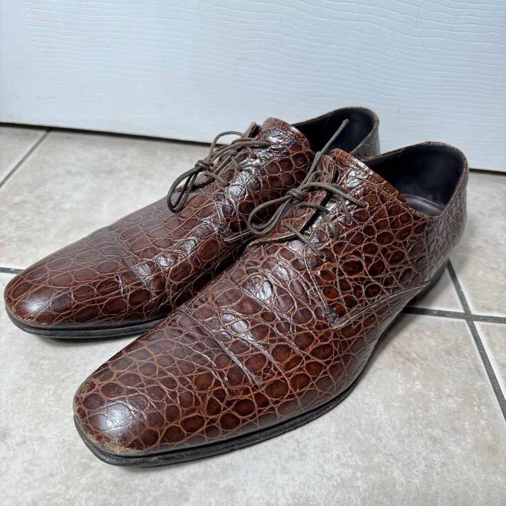 Giorgio Armani Crocodile/Alligator Men’s 10.5 Embossed Brown Dress Oxford Shoes